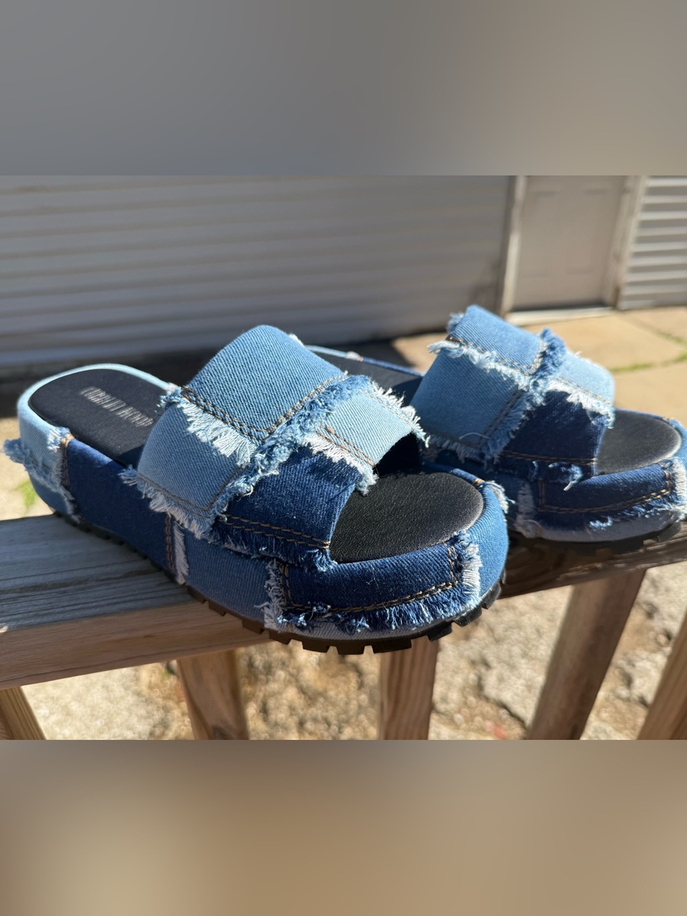 Current Mood Patchwork Denim Slide Sandals in Light and Dark Blue